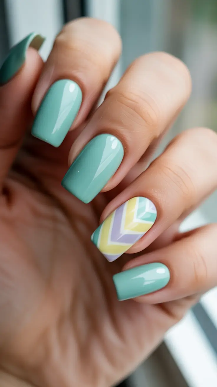 dreamy spring nail design 2026 Mint Chevron Accent On Spring Square Nails