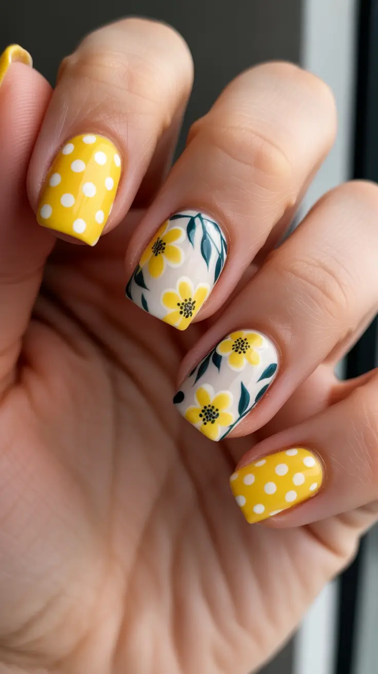 dreamy spring nail design 2026 Sunny Dots And Floral Yellow Mix
