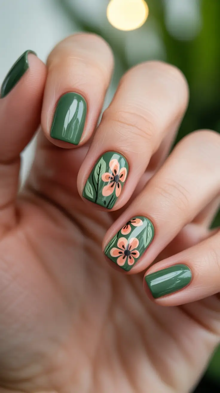 dreamy spring nail design 2026 Earthy Green With Peach Blossom Accents