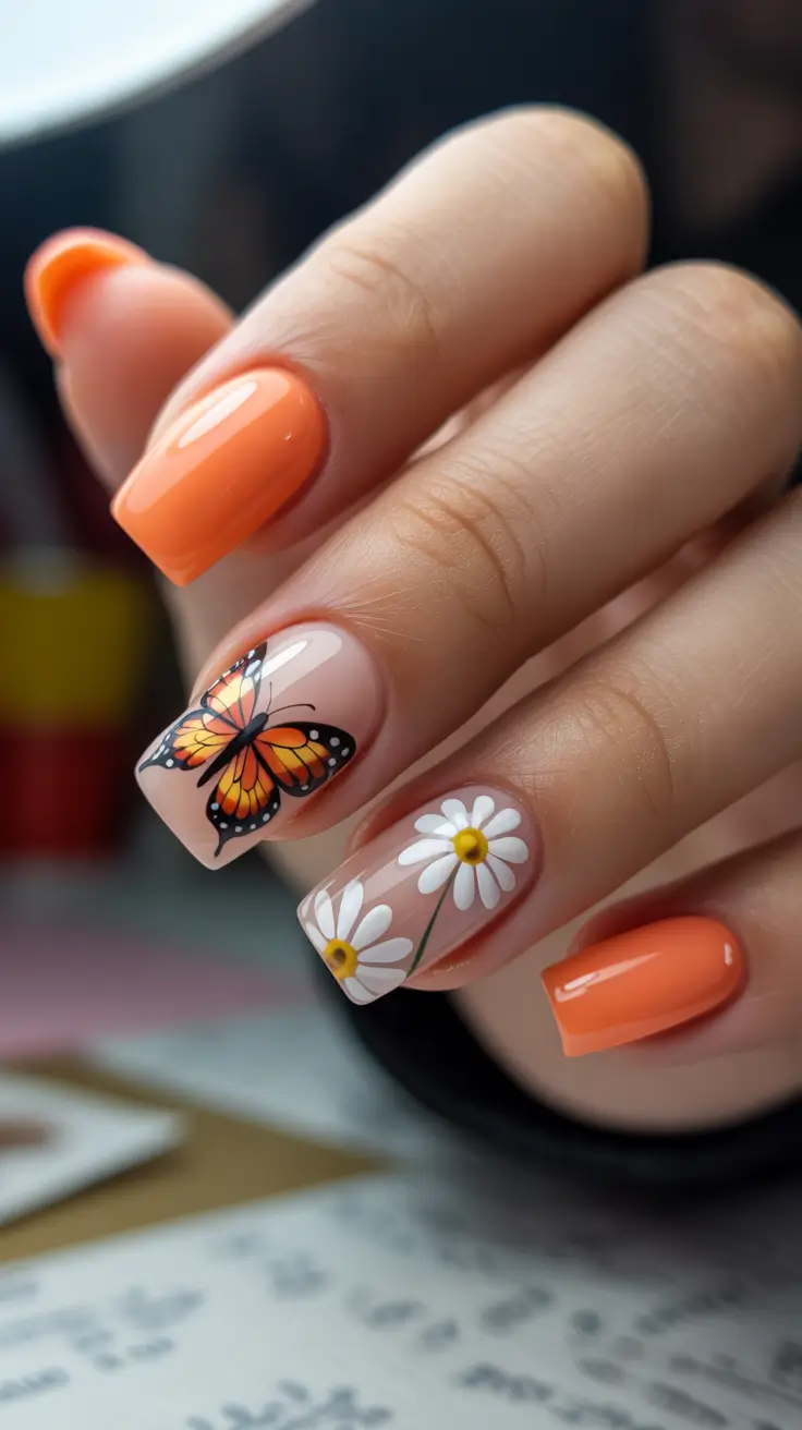 dreamy spring nail design 2026 Monarch Butterfly And Daisy Blend On Peachy Tips
