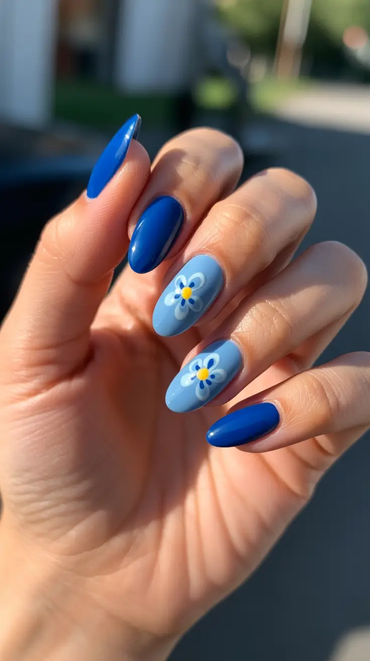 dreamy spring nail design 2026 Bold Blue Petals For A Trendy Spring Pop