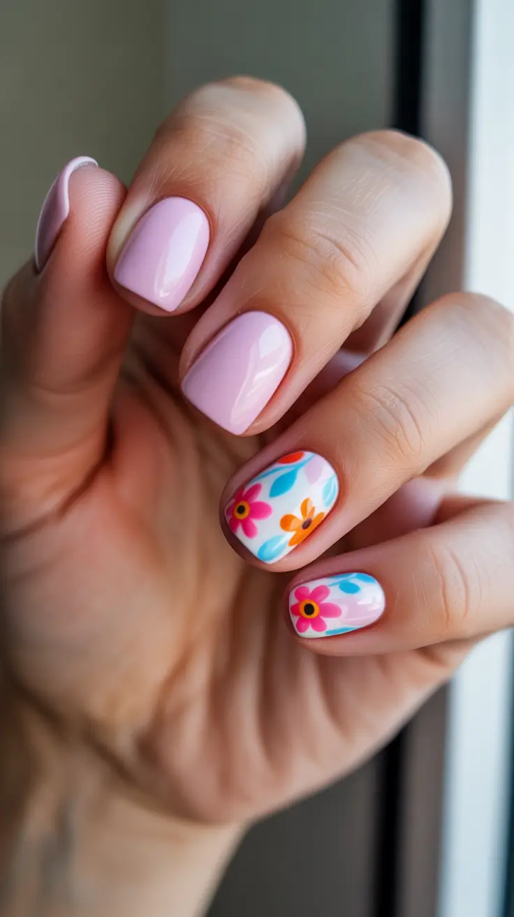 Dreamy Spring Nail Design 2026 Soft Pink Petals With A Pop Of Color