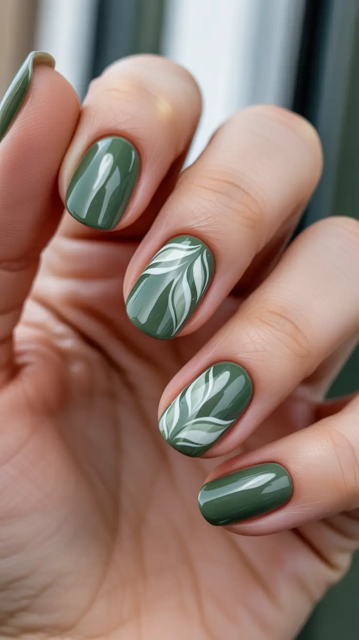 Dreamy Spring Nail Design 2026 Deep Green With Whispering Leaf Strokes