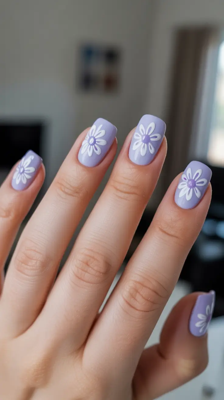 Dreamy Spring Nail Design 2026 Lavender Daisies Under Soft Sunlight