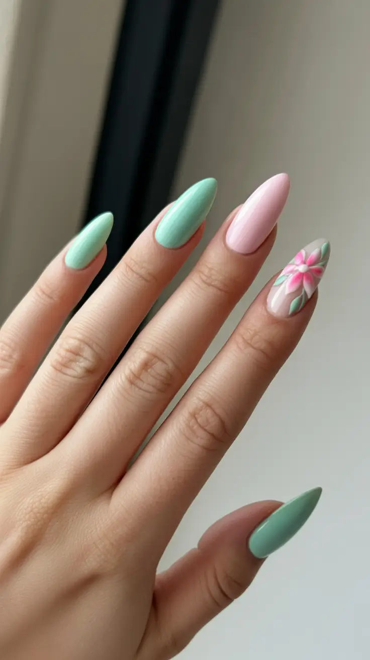 dreamy spring nail design 2026 Mint And Pink With A Bloom Accent
