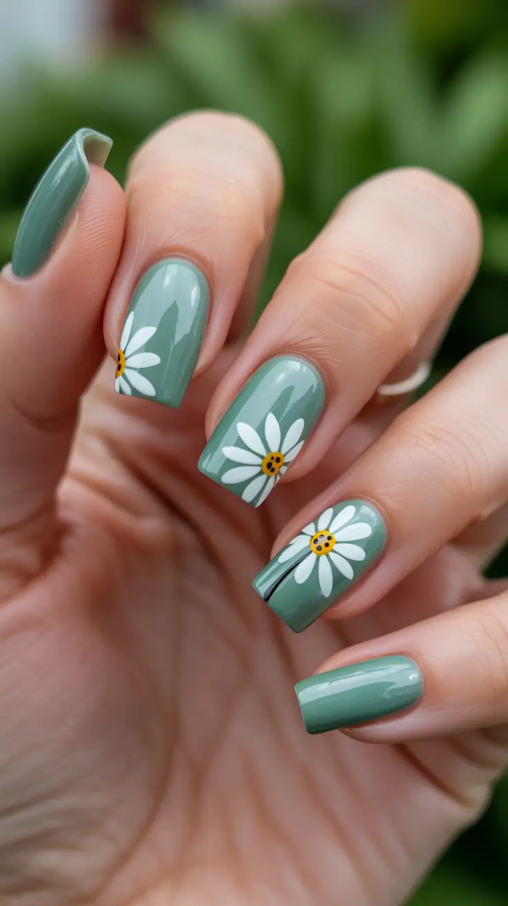 dreamy spring nail design 2026 Olive Green Daisies On Square Tips