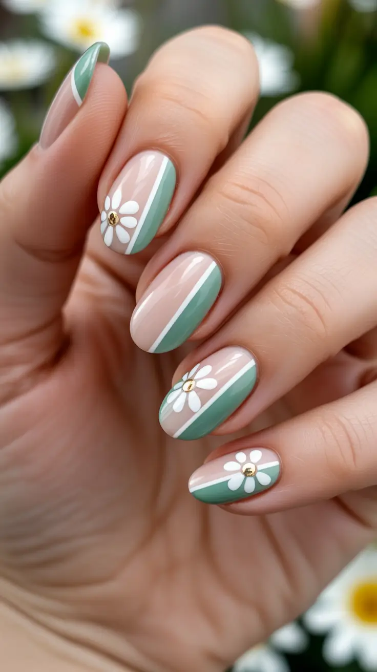 dreamy spring nail design 2026 Soft Green Stripes And Spring Blossoms