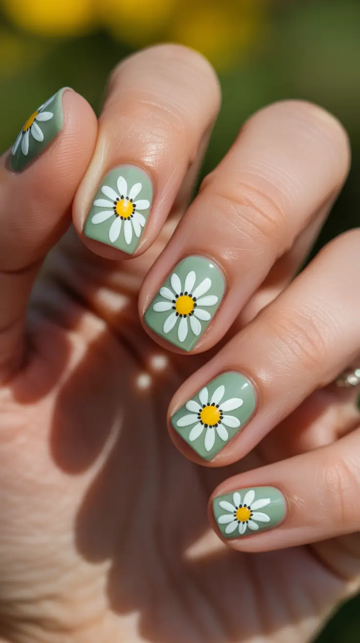 dreamy spring nail design 2026 Light Green Daisy Fields On Short Nails