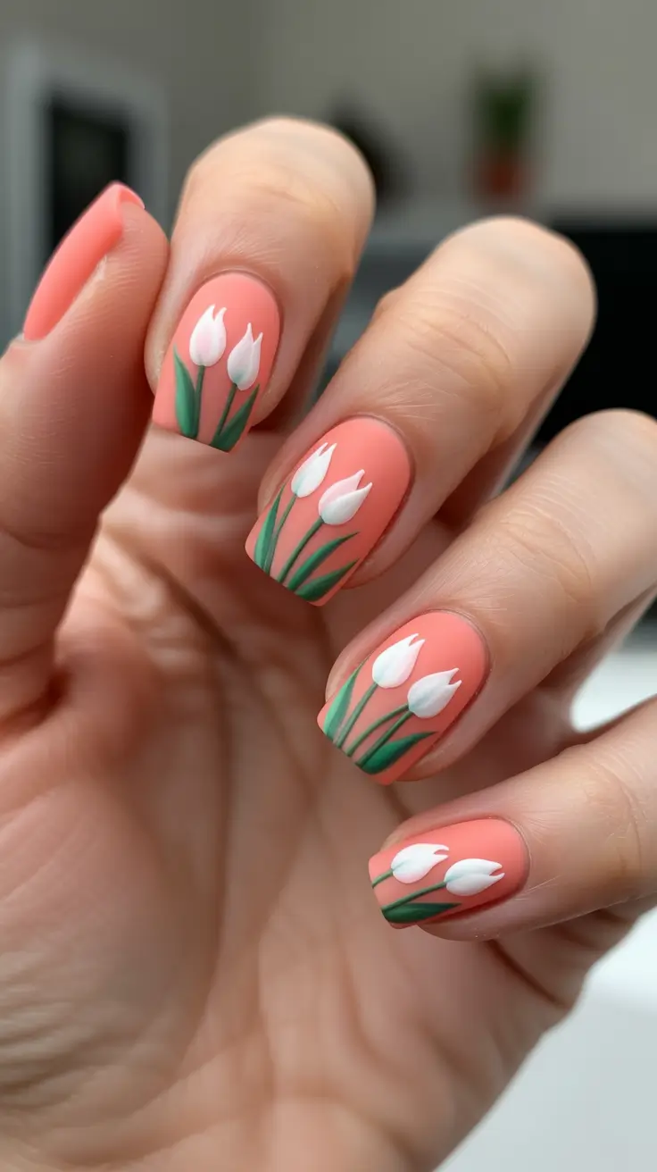 dreamy spring nail design 2026 Coral Tulip Garden For A Fresh Spring Pop