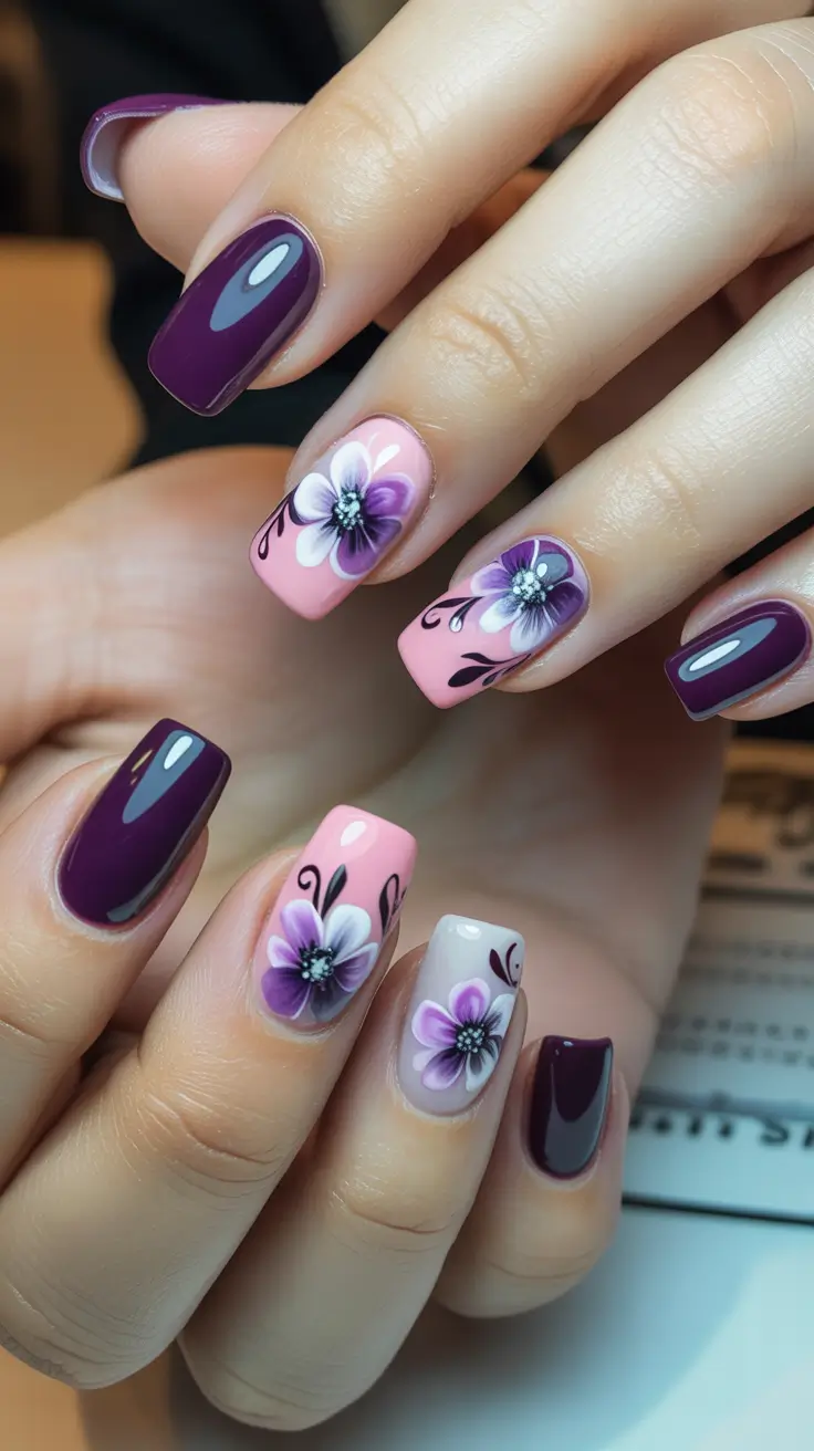 sophisticated spring nails coffin 2026 Deep Plum Florals