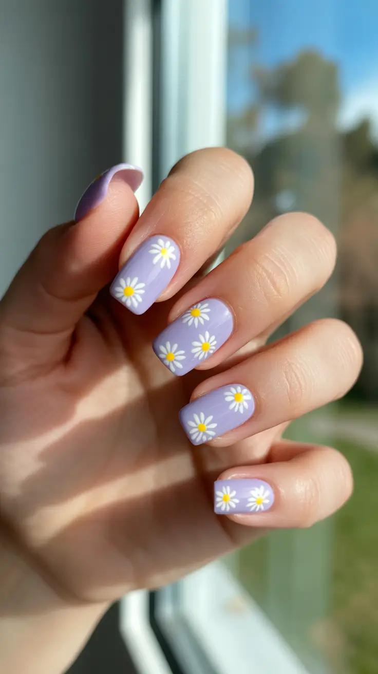 sophisticated spring nails coffin 2026 Soft Lilac Daisies
