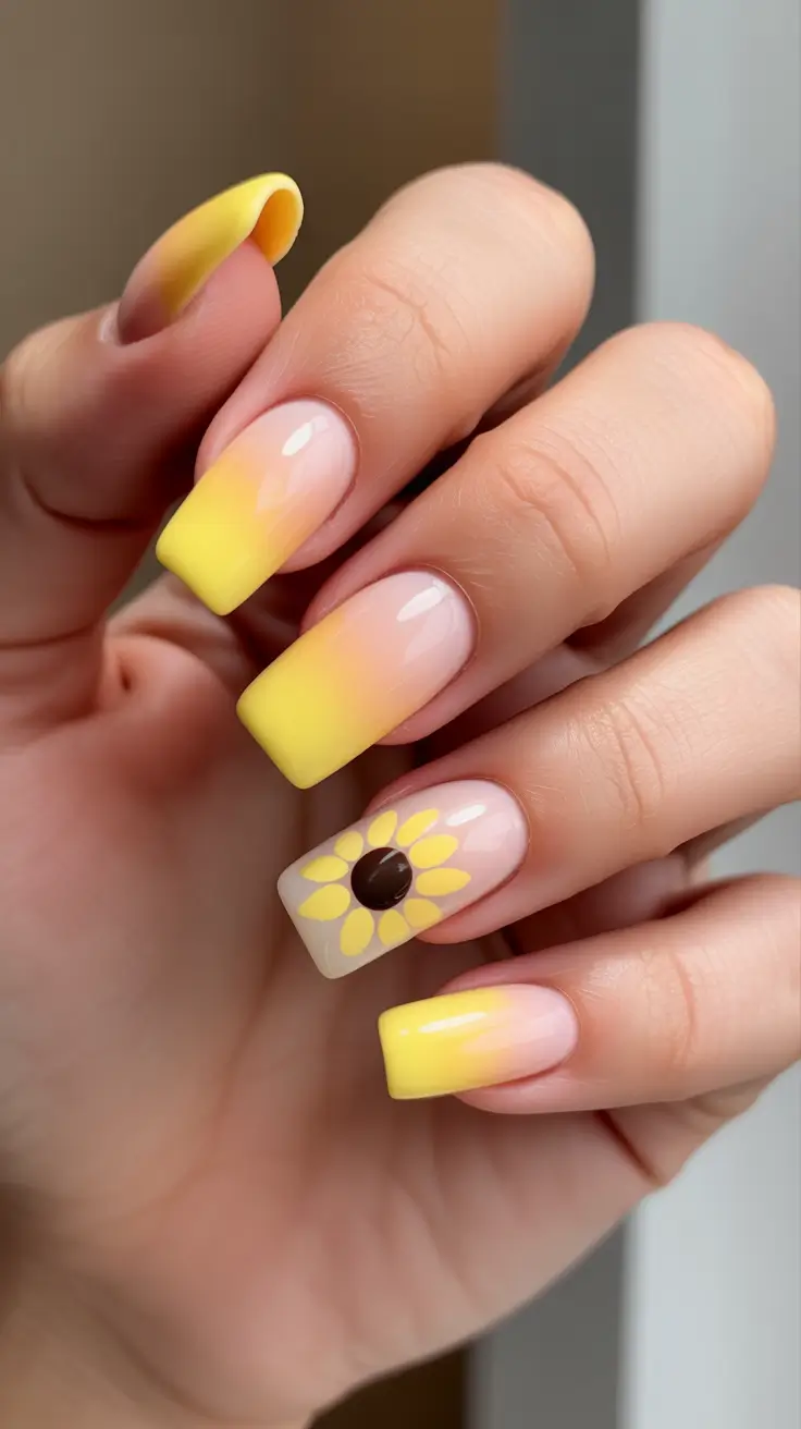 sophisticated spring nails coffin 2026 Sunny Gradient With A Cheerful Floral Accent