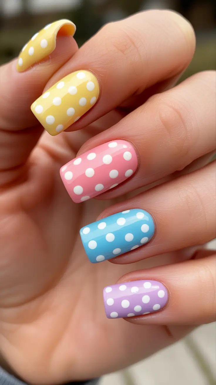 sophisticated spring nails coffin 2026 Playful Pastel Polka Dots In Soft Coffin Shape