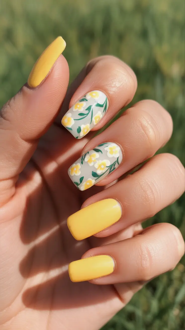 sophisticated spring nails coffin 2026 Dainty Yellow Blossoms Over A Soft Neutral Base