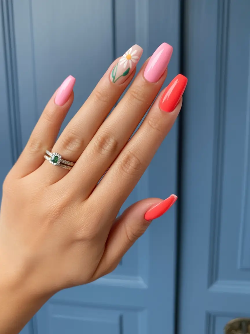 sophisticated spring nails coffin 2026 Pink-To-Coral Blooming Shades With A Minimal Floral Accent