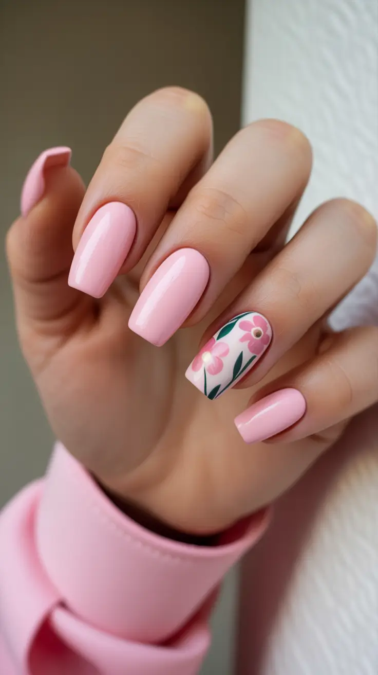 sophisticated spring nails coffin 2026 Soft Pink Elegance With Delicate Meadow Florals