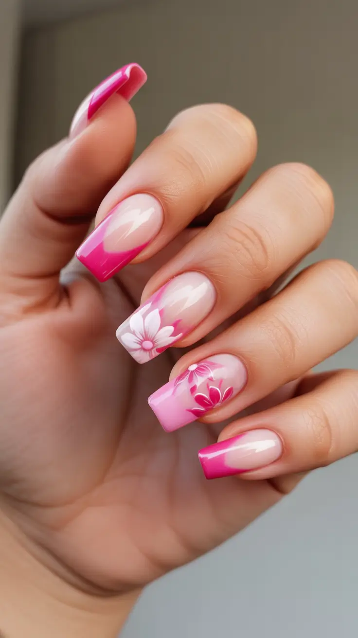 sophisticated spring nails coffin 2026 Bold Pink Blossoms On A Soft Gradient Base