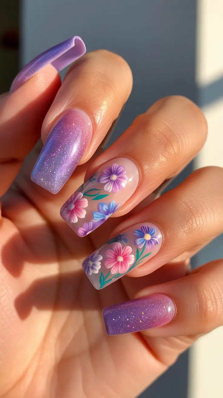 sophisticated spring nails coffin 2026 Lavender Stardust With Blossoming Petals