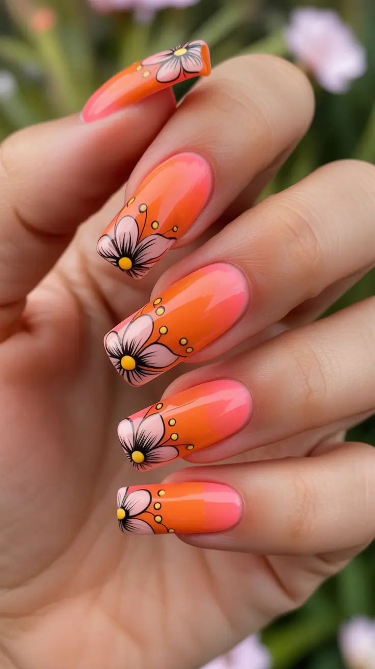 sophisticated spring nails coffin 2026 Vibrant Sunset Florals With An Artistic Edge
