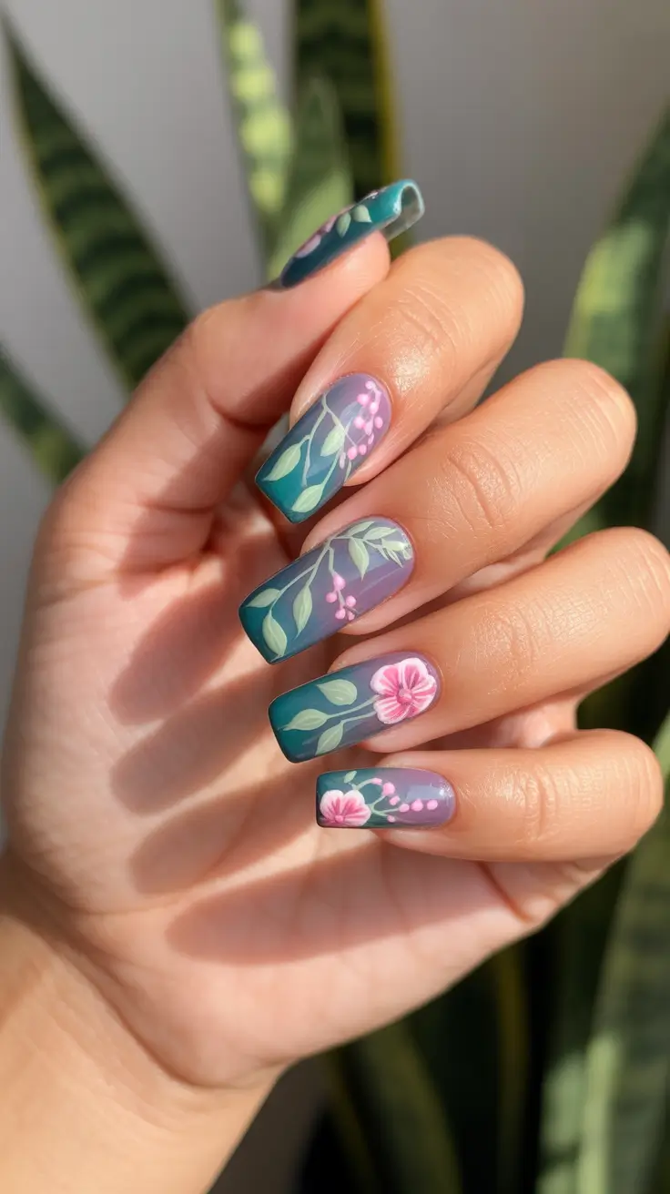 sophisticated spring nails coffin 2026 Botanical Green Tones With Pastel Blossoms
