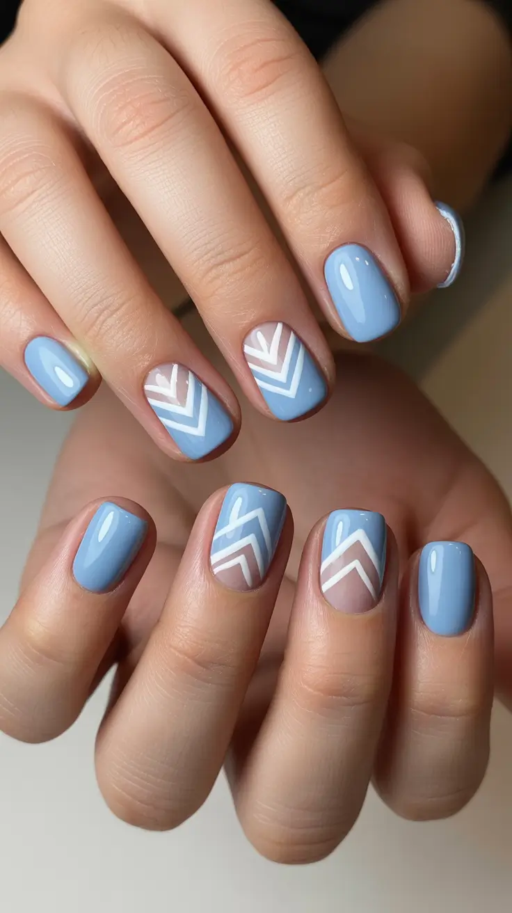 spring nails simple 2026 Blue Chevron Spring Pop