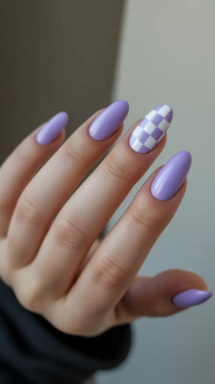 spring nails simple 2026 Lavender Checkerboard Charm