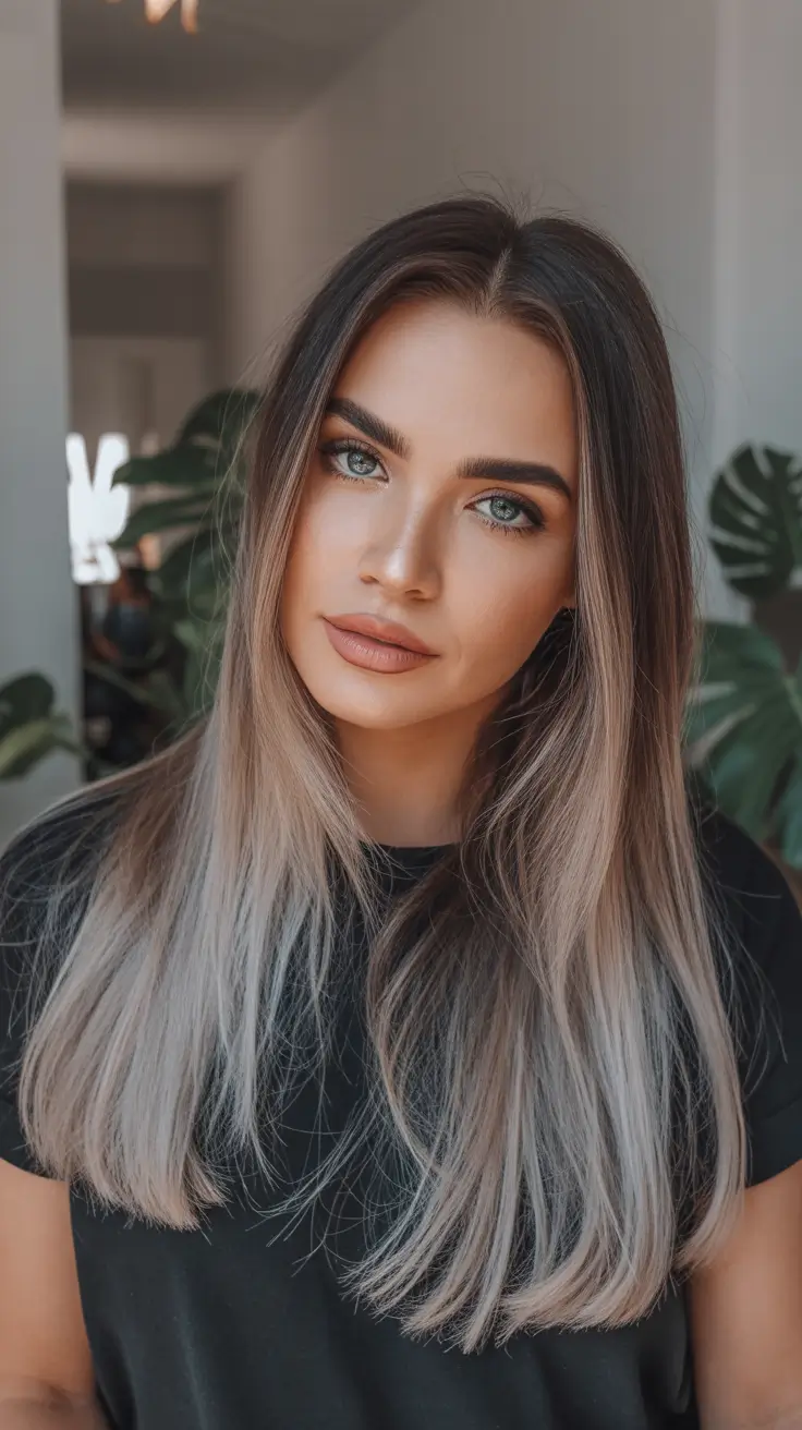 gorgeous spring ombre hair color 2026 + Cool Beige Blonde Ribbons On A Clean Center Part