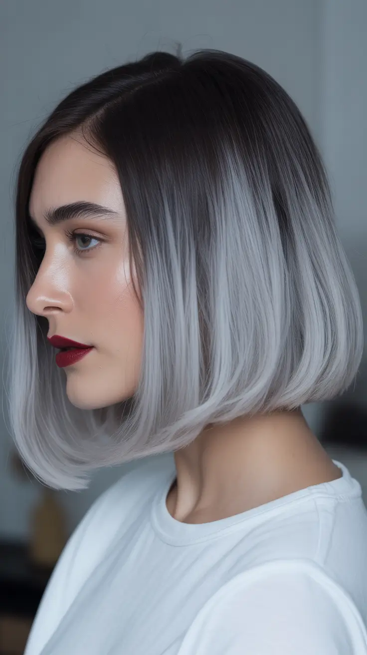 gorgeous spring ombre hair color 2026 + Silver Ombre Precision Bob With Cool Contrast