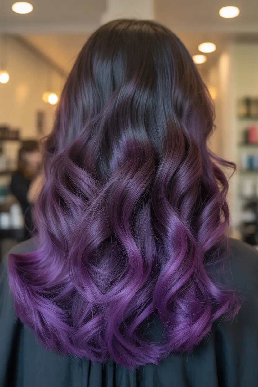 gorgeous spring ombre hair color 2026 + Violet Ombre Waves That Glow In Salon Light