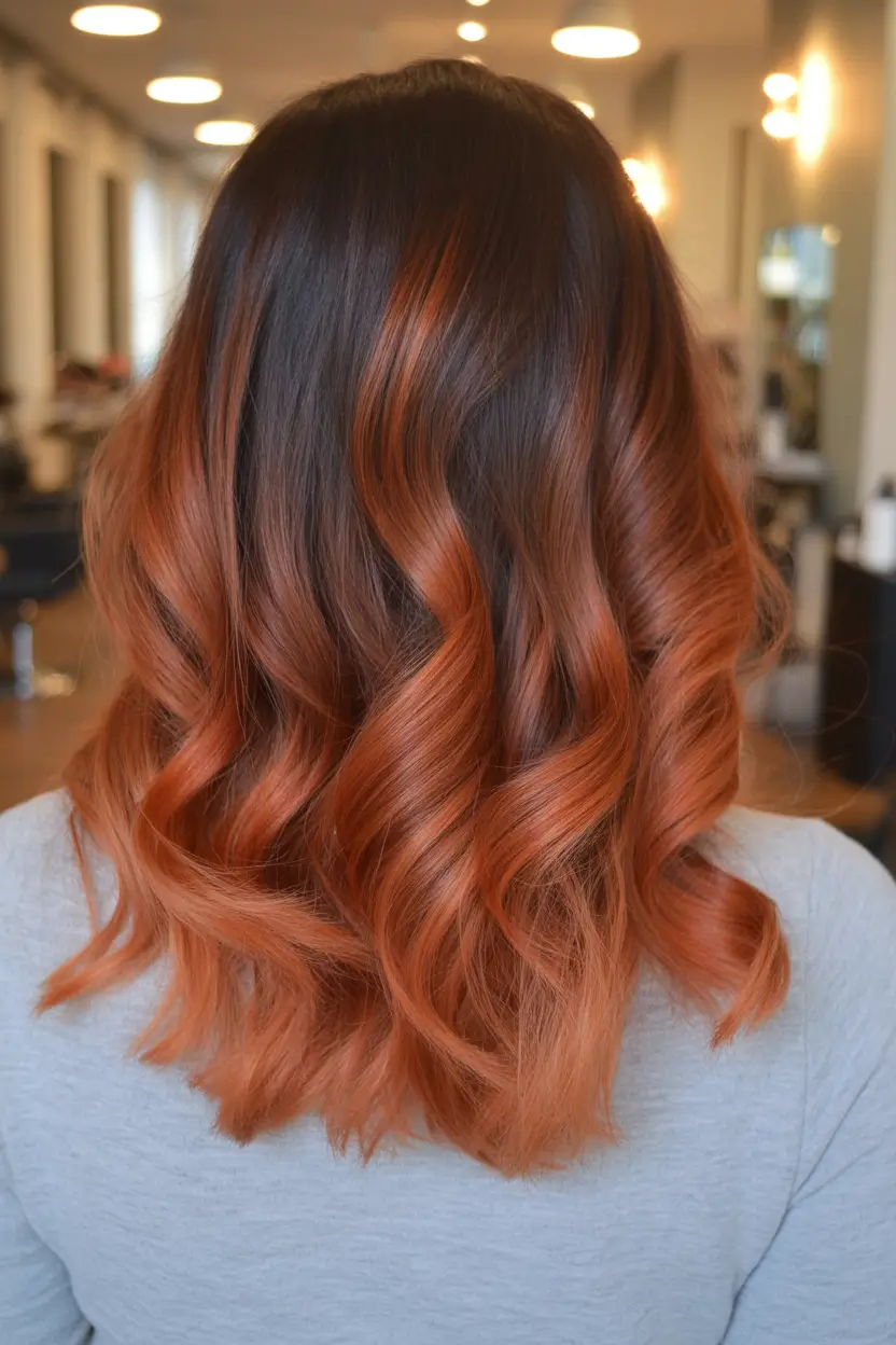 gorgeous spring ombre hair color 2026 + Spring Ombre Hair Color 21 - Cinnamon Copper Waves On A Deep Brunette Base