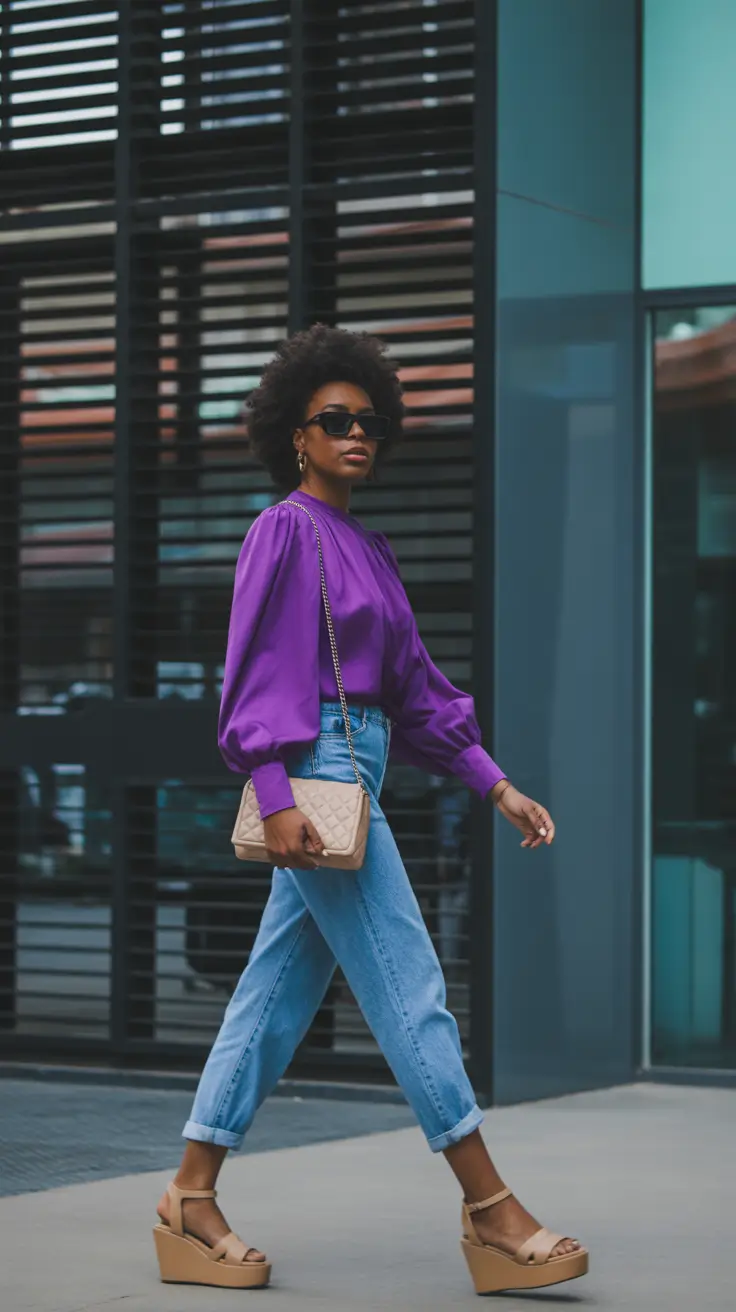 radiant spring outfits black women 2026 + Violet Pop With Relaxed Denim Energy