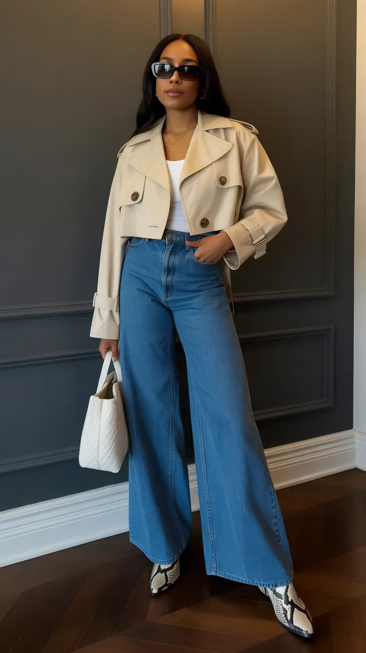 radiant spring outfits black women 2026 + Cropped Trench Jacket And Wide-Leg Jeans For Modern Minimalism