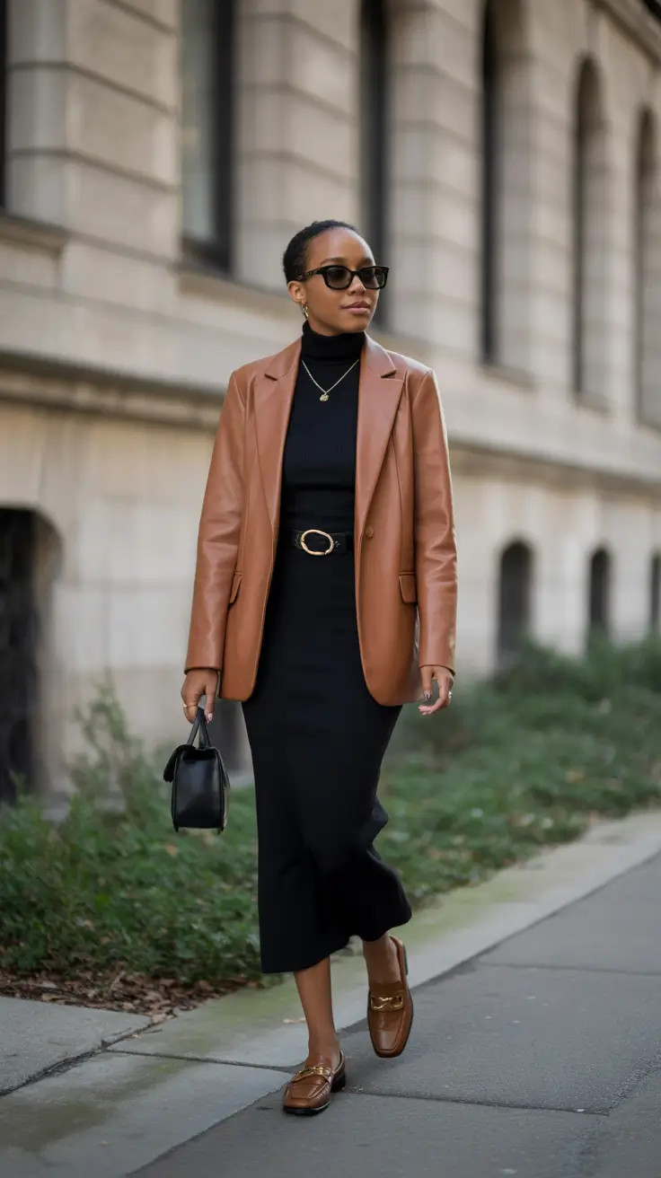 radiant spring outfits black women 2026 + Cognac Blazer Over Sleek Black Midi For Grown And Glossy