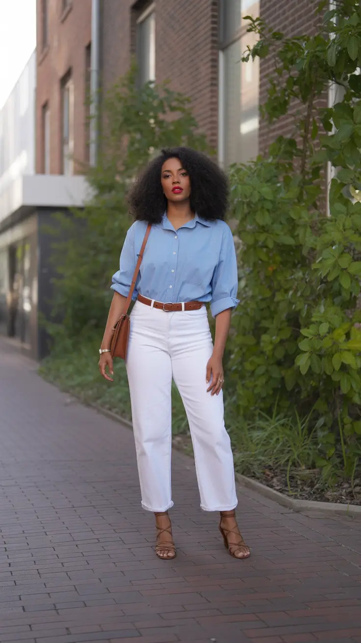 radiant spring outfits black women 2026 + Blue Button-Down And White Denim For Sunny-Day Ease
