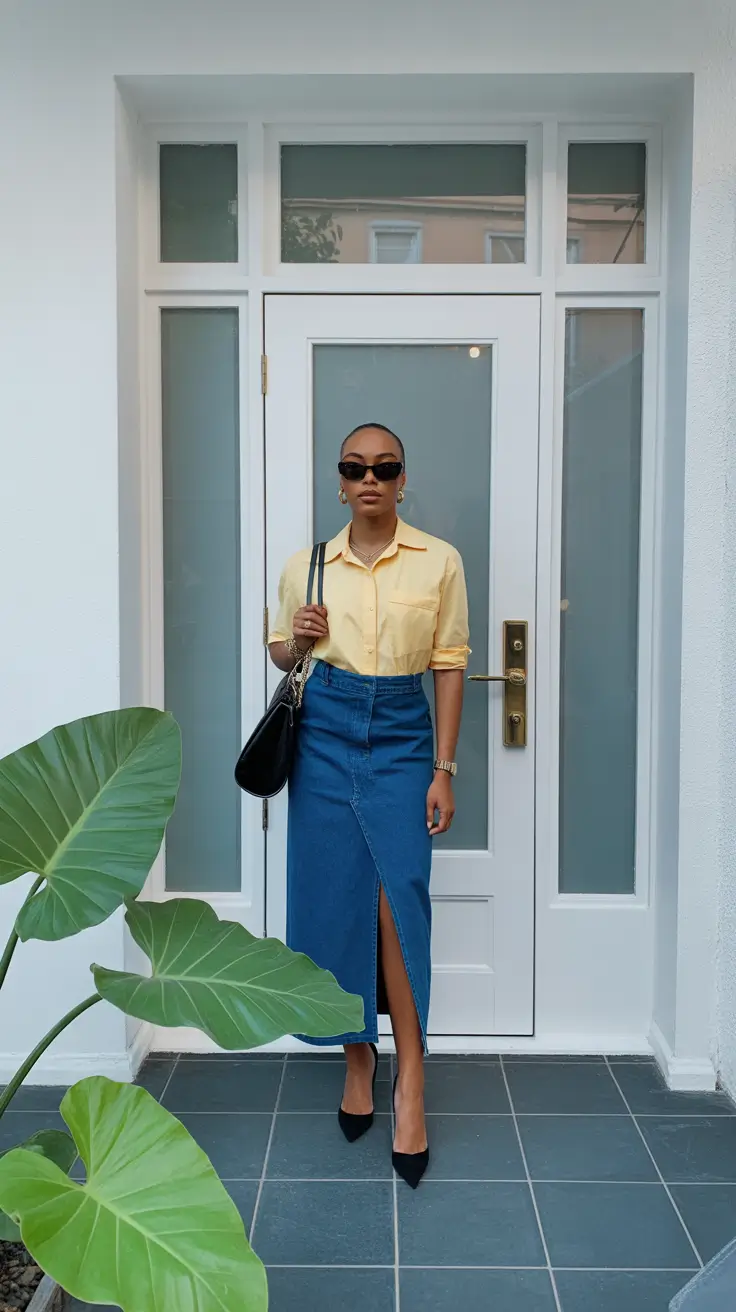 radiant spring outfits black women 2026 + Yellow Shirt And Denim Midi Skirt For Bright, Clean Polish