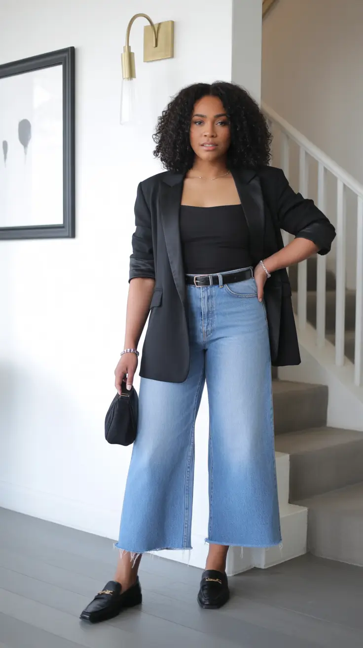 radiant spring outfits black women 2026 + Black Blazer And Wide-Leg Denim For Low-Effort Confidence