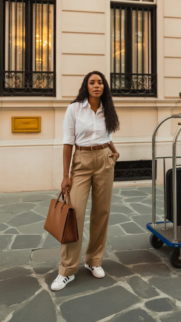 radiant spring outfits black women 2026 + Crisp White Shirt And Tan Trousers For Everyday Business Casual