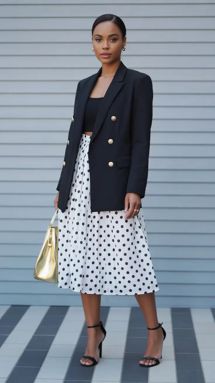 radiant spring outfits black women 2026 + Polka Dot Midi Skirt With A Power Blazer Twist