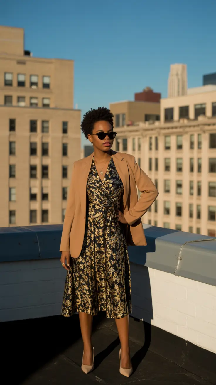 radiant spring outfits black women 2026 + Camel Blazer Over A Floral Dress For Rooftop-Level Classy