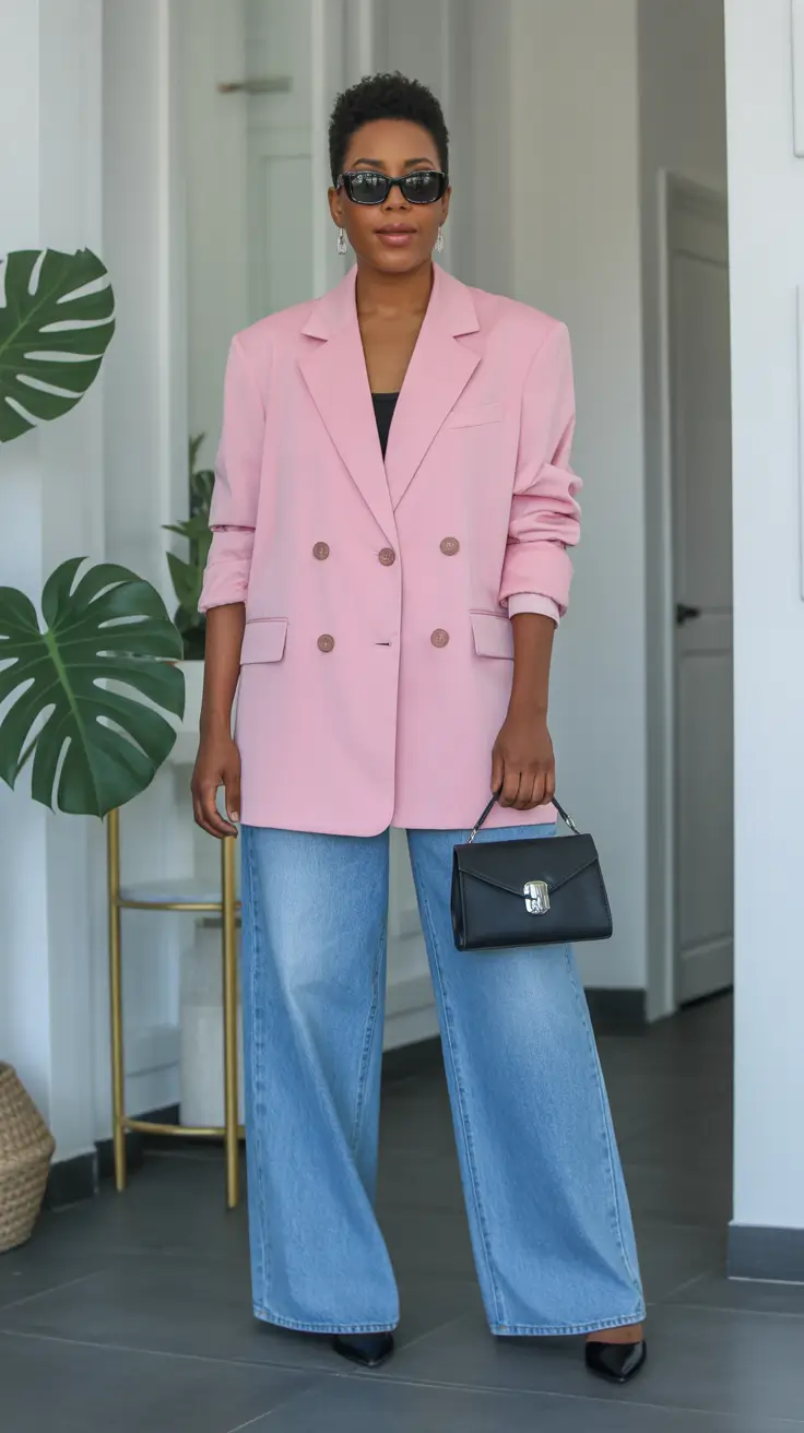 radiant spring outfits black women 2026 + Pink Blazer Over Denim For Confident Daytime Glam