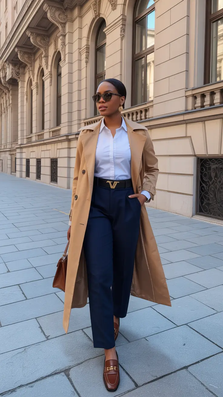radiant spring outfits black women 2026 + Classic Trench And Navy Trousers For Polished Work Mode