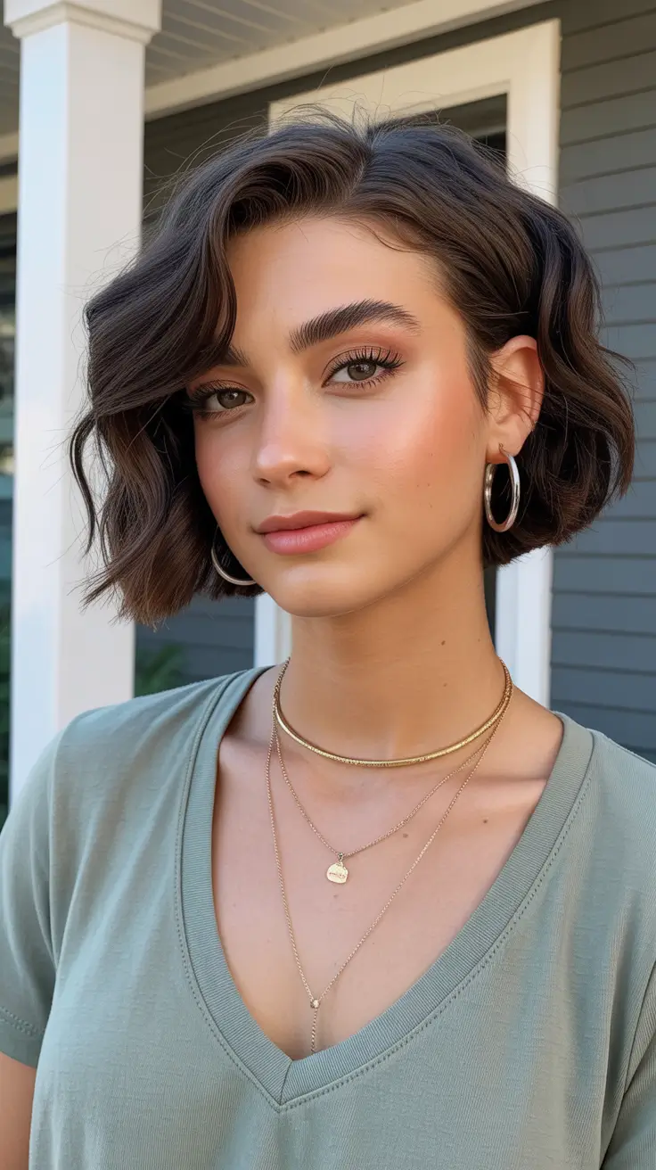 perfect spring short haircuts 2026 Soft Wavy Brunette Bob With Side Part