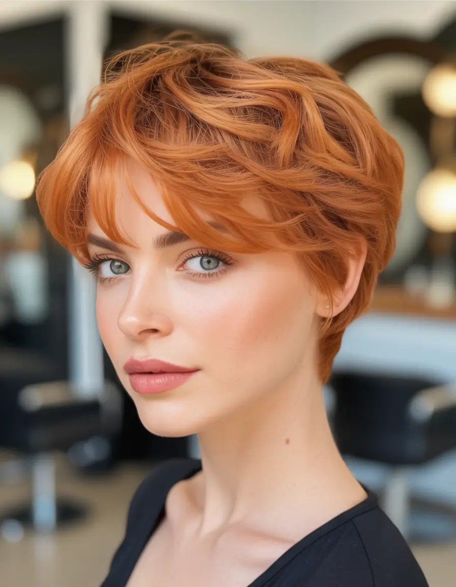 perfect spring short haircuts 2026 Voluminous Copper Layered Pixie With Soft Fringe