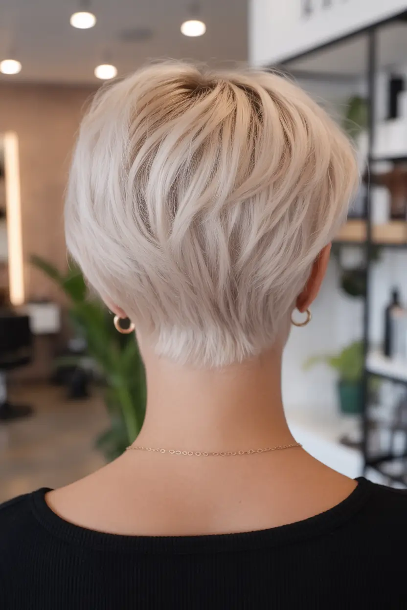 perfect spring short haircuts 2026 Feathered Platinum Pixie With Tapered Nape