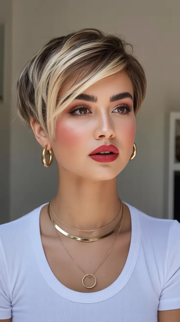 perfect spring short haircuts 2026 Side Swept Blonde Pixie With High Contrast Highlights