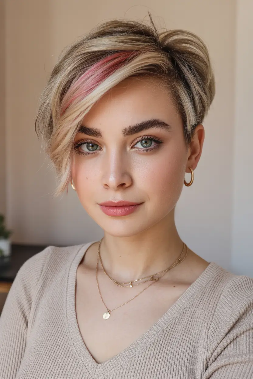 perfect spring short haircuts 2026 Asymmetrical Blonde Pixie With Soft Pink Accent