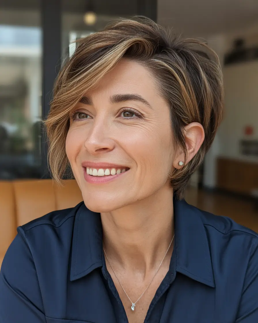 perfect spring short haircuts 2026 Side Swept Layered Brunette Pixie For Effortless Elegance