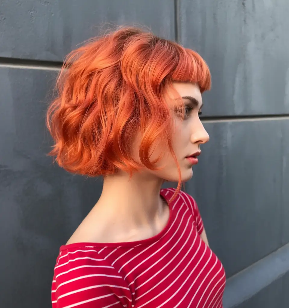 perfect spring short haircuts 2026 Fiery Copper Wavy Bob With Statement Bangs
