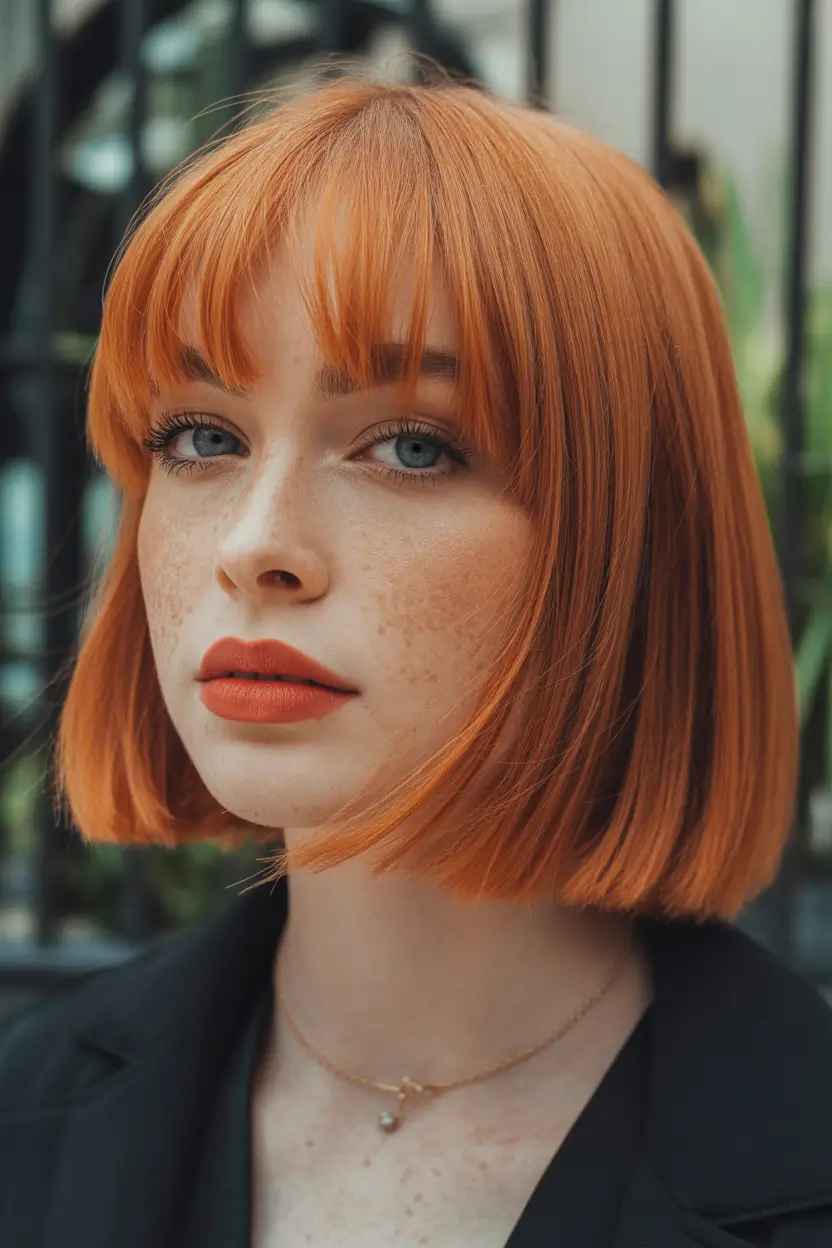 perfect spring short haircuts 2026 Vibrant Copper Bob With Full Fringe
