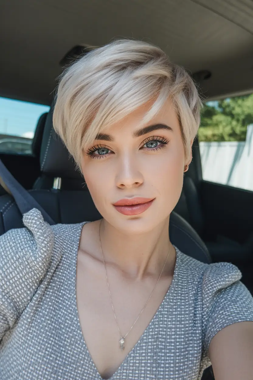 perfect spring short haircuts 2026 Feathered Platinum Pixie With Side Sweep